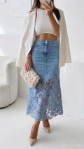 Light Wash Denim Floral Lace Midi Skirt