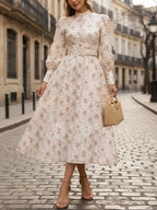 Midi Linen Dress, Long Sleeves, Stand Collar, Floral, Button Design, Vacation, Vintage, Pink