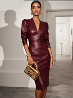 Wine Red Faux Leather V Neck Long Sleeve Sheath Midi Dress