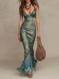 Bohemian Lace-Trimmed Satin Mermaid Maxi Dress