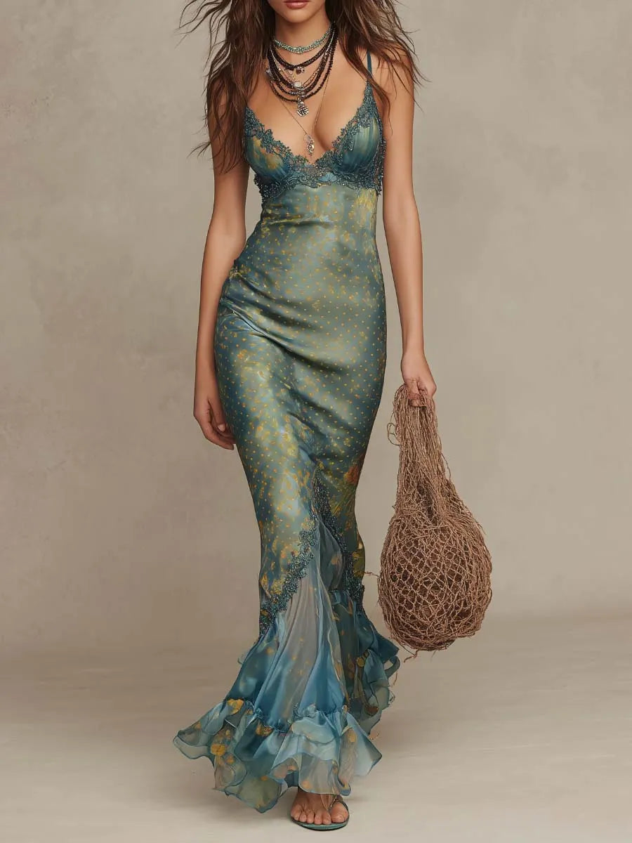 Bohemian Lace-Trimmed Satin Mermaid Maxi Dress