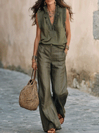 Bohemian Lace Trim Top & Wide-Leg Pants Set