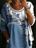 Women's Vintage Floral Casual Loose Denim Blouse Shirt