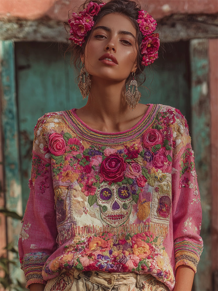 Mexican Sugar Skull Ethnic Floral Embroidered Patchwork Linen Tunic