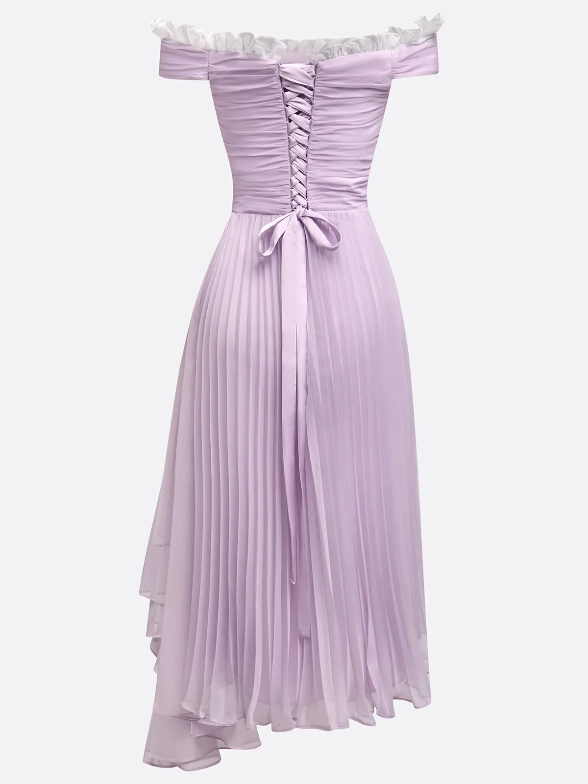Lavender Ruched Lace Chiffon Off The Shoulder Short Sleeve A-Line Midi Dress