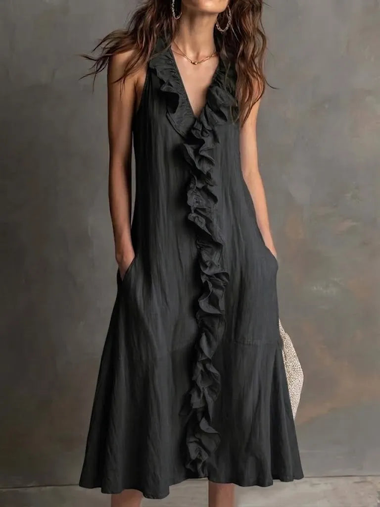 Casual Ruffle-collar Linen And Cotton Dress